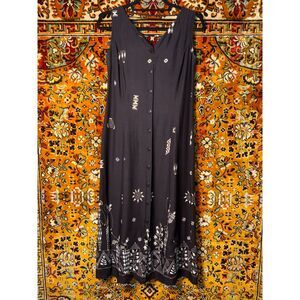 VTG Black White Folk Art Print Button Front Midi Dress w/Strappy Back sz 8